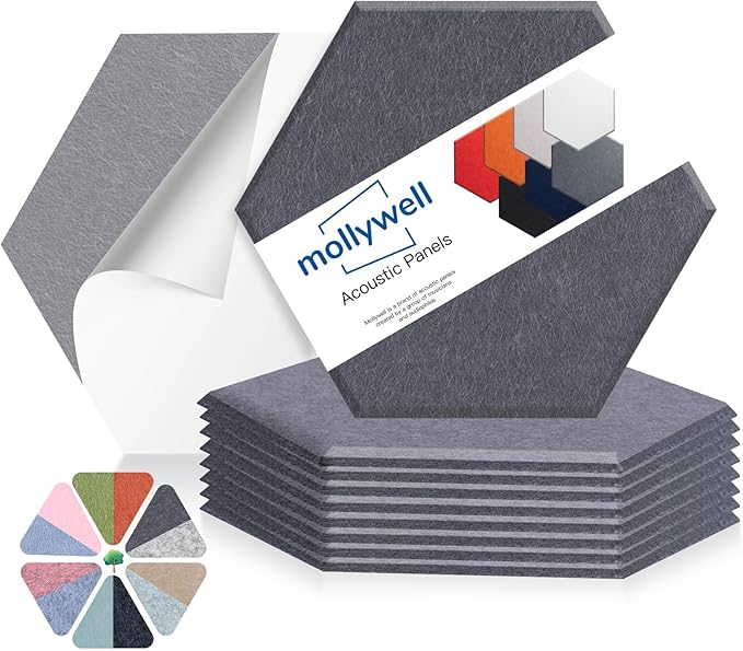 Mollywell Hexagon Acoustic Panels, High Density, Soundproofing, Decorative Noise Reduction Felt Wall Tiles for Ceilings, Home Office & Gaming Room (Moon Gray), 14x12x0.4 Inch