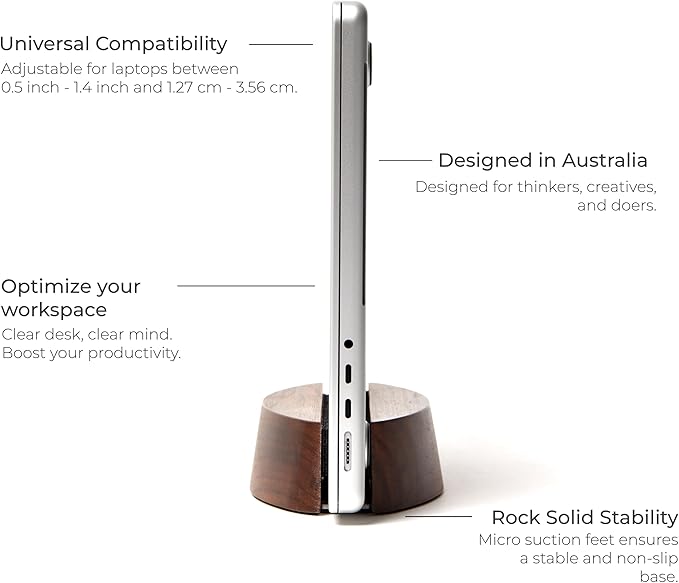 Nordik Adjustable Vertical Laptop Stand - Walnut - Premium Laptop Holder for Home Office, Software Engineers - Space Saving Desk Laptop Dock - Stable Non-Slip Wood Stand - MacBook Pro