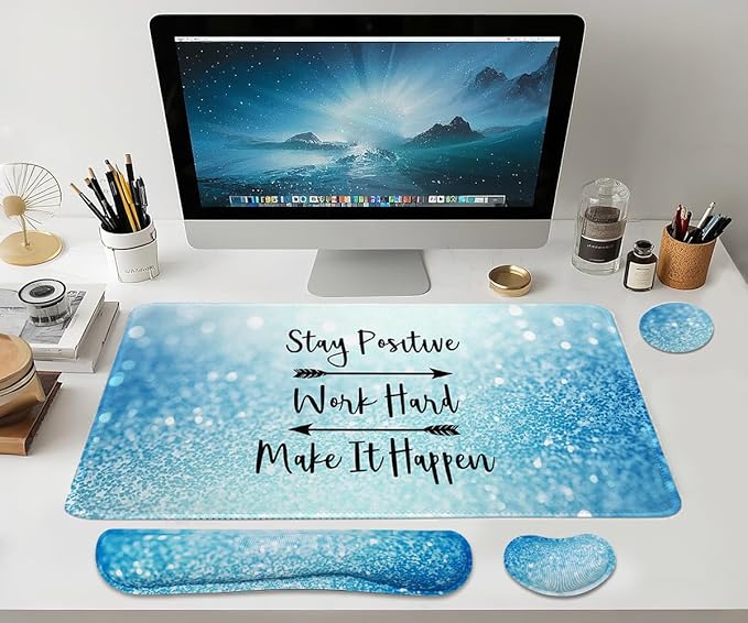 Large Mouse Pad and Keyboard Wrist Rest, Desk Pad for Keyboard and Mouse, 4-in-1 Large Gaming Mouse Pad with Wrist Support for Home Office Study Game-Stay Positive