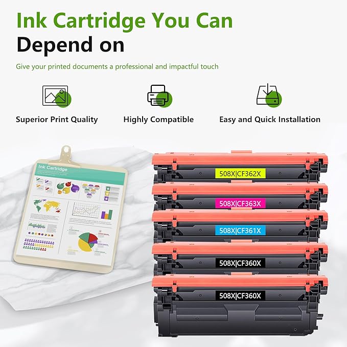 508X Toner Cartridge Combo Pack (5-Pack, 2Black/1Cyan/1Magenta/1Yellow) Replacement for HP 508X 508A 508 Toner CF360X CF361X CF362X CF363X Compatible for M553 M552 553 MFP M577 Series Printer