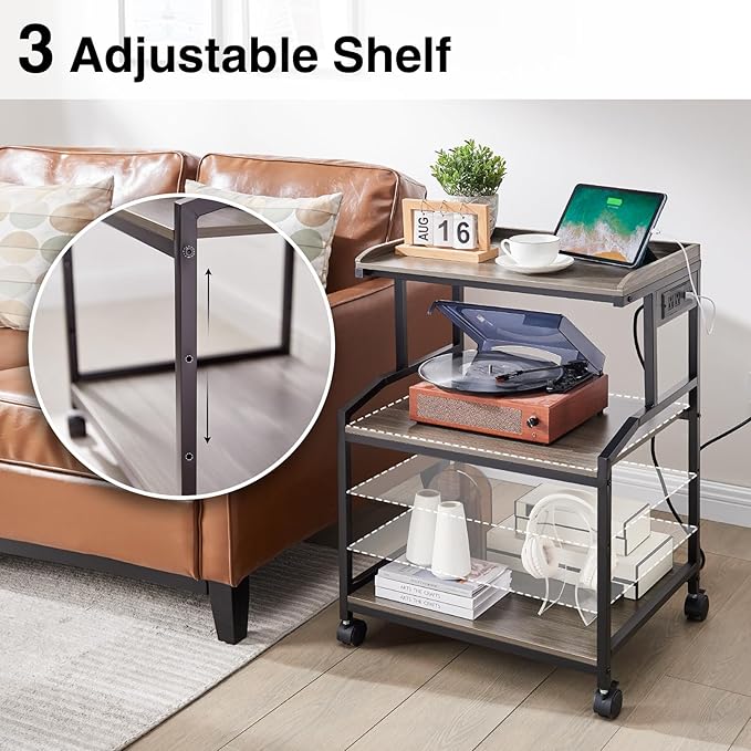 Lauren&Harold 34'' Printer Stand with Power Outlets & USB Ports, 3-Tier Adjustable Rolling Cart, Heavy Duty 150LBS Storage Table with Wheels for Office, Kitchen, Living Room, Grey/Black