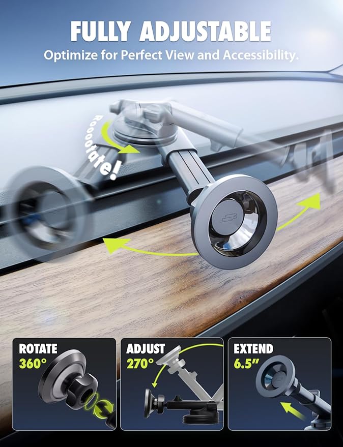 Bracketron MagSafe Car Mount,MagAlign Pro Extend Magnetic Phone Holder for Car Windshield & Dashboard & Vent,360° Vacuum Suction Cup Phone Mount for iPhone 16 Pro Max 15 14 13 12,Car Accessories.