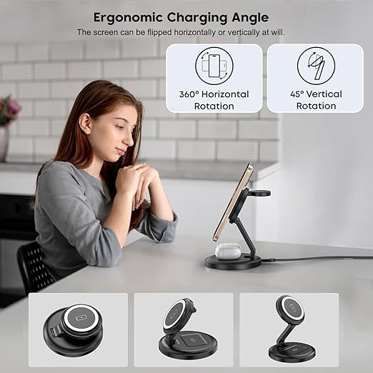 Charging Station, 3 in 1 Foldable Wireless Charger iPhone Charging Station Charger Stand Multiple Devices for Apple, with PD Adapter and USB C Cable for iPhone 17/16/15/14/13,iWatch,AirPods All Series