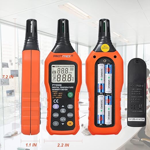 Protmex Digital Temperature Humidity Meter, Thermometer Hygrometer with Ambient Dew Point and Wet Bulb Temperature Indoor and Outdoor, Data Logger with Min/Max Hold, LCD Backlight, PT6508