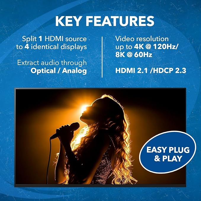 OREI 8K HDMI Splitter 1 in 4 Out, 1 x 4 Duplicate/Mirro Screen with Audio Extractor UltraHD Supports Upto 4K @ 120Hz IR EDID HDCP 2.3 for PS5, Xbox, NVIDIA (BK-104A)