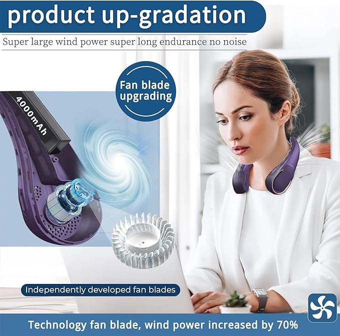 Portable Neck Fan, Neck Fans for Men, 4000 mAh Rechargeable Personal Fan,360° Hands Free Bladeless Fan, 3 Speeds Adjustable, Faster Cooling, Super Quiet, Suitable for Home, Office, Sports