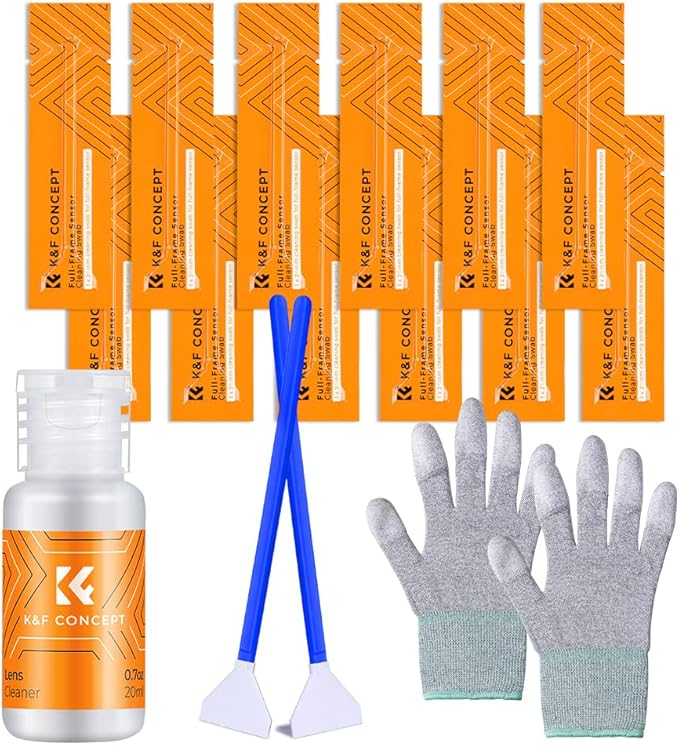 K&F Concept Full Frame Sensor Cleaning Kit - 16pcs Sensor Cleaning Swabs, 20ml Sensor Cleaner & Gloves, Cameras Lens Cleaning Kit Compatible with Sony Nikon Canon FF CCD CMOS Sensors