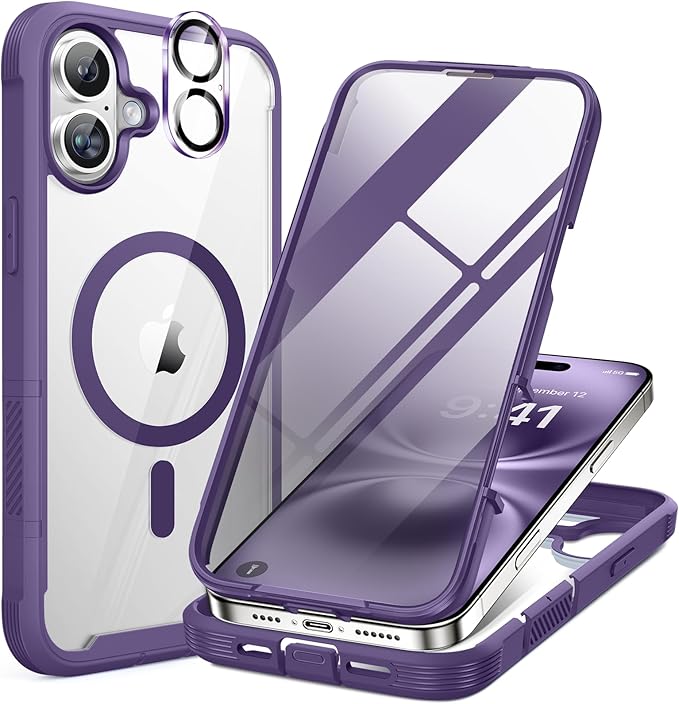 Miracase for iPhone 16 Case 6.1'', [Bubble Free] Full-Body Bumper Phone case with Built-in Full Glass Screen &Lens Protector,No Gap,Compatible with MagSafe,Drop Proof 16 Cover,Purple
