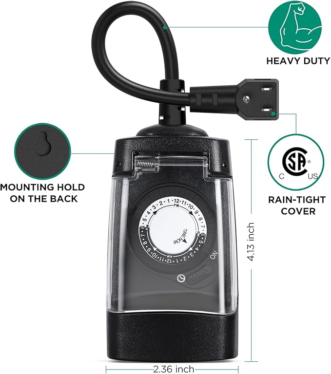 G-Homa 24 Hour Mechanical Outdoor Timer Outlet, Outdoor Timer for Lights, 3-Prong Outdoor Light Timer Waterproof for Home and Garden 15A 1/2HP Heavy Duty, CSA Listed [2 Packs]