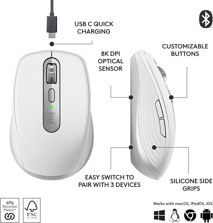 Logitech MX Anywhere 3S Compact Wireless Mouse, Fast Scrolling, 8K DPI Any-Surface Tracking, Quiet Clicks, Programmable Buttons, USB C, Bluetooth, Windows PC, Linux, Chrome, Mac - Pale Grey