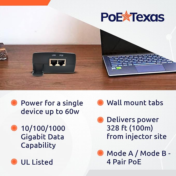Poe Texas PoE Injector - 802.3bt PoE++ Single Port 4 Pair Power Over Ethernet Injector - 6KV Surge Protection - Active PoE Adapter 55V 60W Output - 10/100/1000 Gigabit Data - Wall Mount Plug & Play