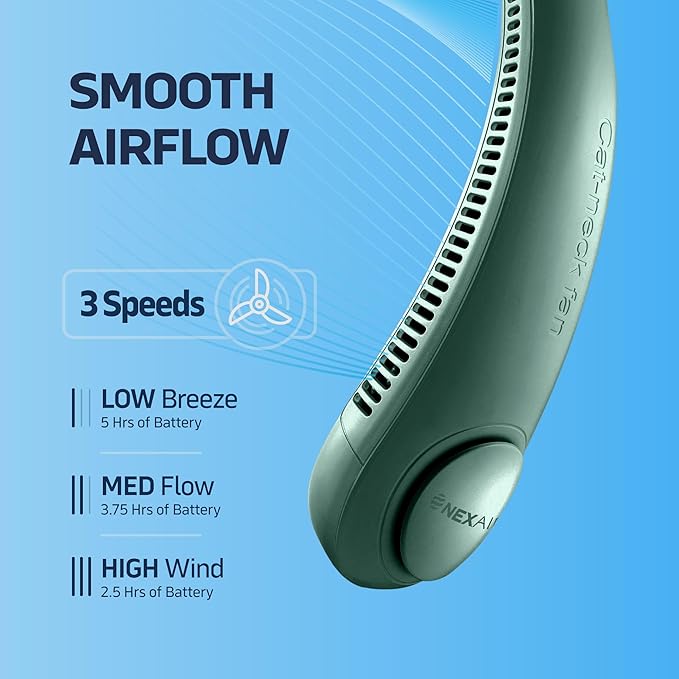 Portable Neck Fan - 3 Speed Rechargeable Bladeless Neck Fan, Adjustable Personal Green Neck Fan For Women & Men Modern Design, Great Cooling Fan For Travel, Outdoors & Sports