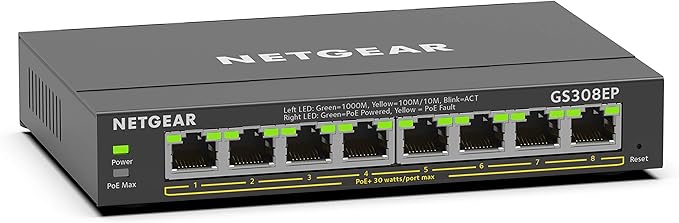 NETGEAR 8 Port PoE Gigabit Ethernet Easy Smart Managed Essentials Switch (GS308EP) - with 8 x PoE+ @ 62W, Desktop or Wall Mount