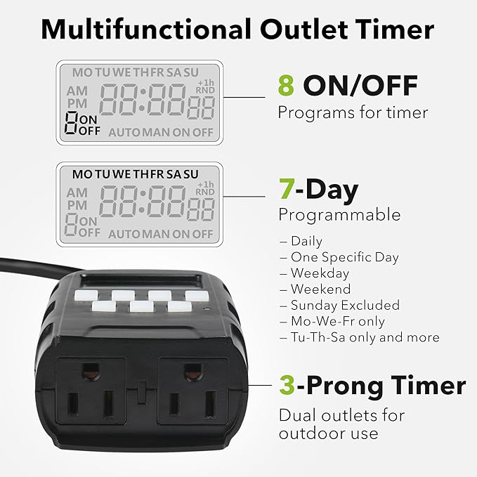 BN-LINK 7 Day Outdoor Heavy Duty Digital Programmable Timer, Outdoor Timer Outlet Waterproof, Grounded Electrical Outlets for Christmas Lights Lamps Ponds, 1875W 1/2HP, ETL Listed-2PACK