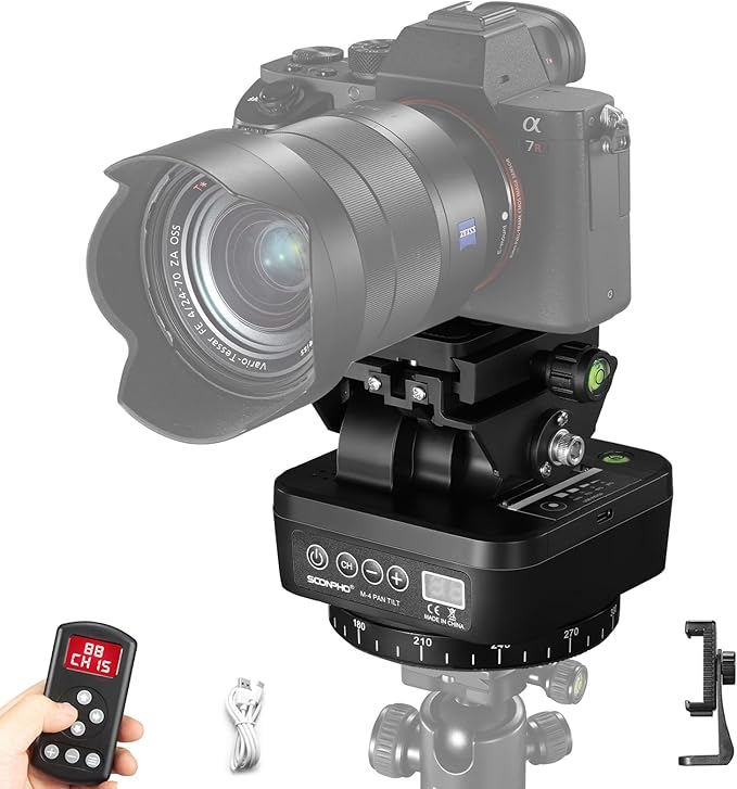 Soonpho M4 Motorized Rotating Panoramic Tripod Head, Remote Control 360° Pan Tilt Head with Mobile Phone Clip for DSLR Cameras, Camcorders, Smartphones, Tripod