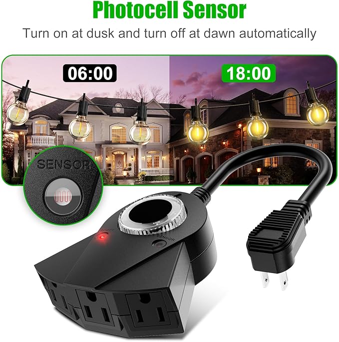 Outdoor Light Sensor Timer, 24 Hours Heavy Duty Waterproof Outlet Timer with 2, 4, 6 or 8 Hours Countdown Mode, 3 Grounded Electrical Outlet for Home Backyard Garden (2 Pack)