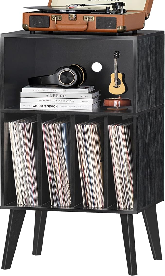 Lerliuo Record Player Stand, Black Turntable Stand Holds up to 160 Albums, Mid-Century Vinyl Storage Cabinet Table with Solid Wood Legs, Record Player Holder Dispaly Shelf for Bedroom Living Room
