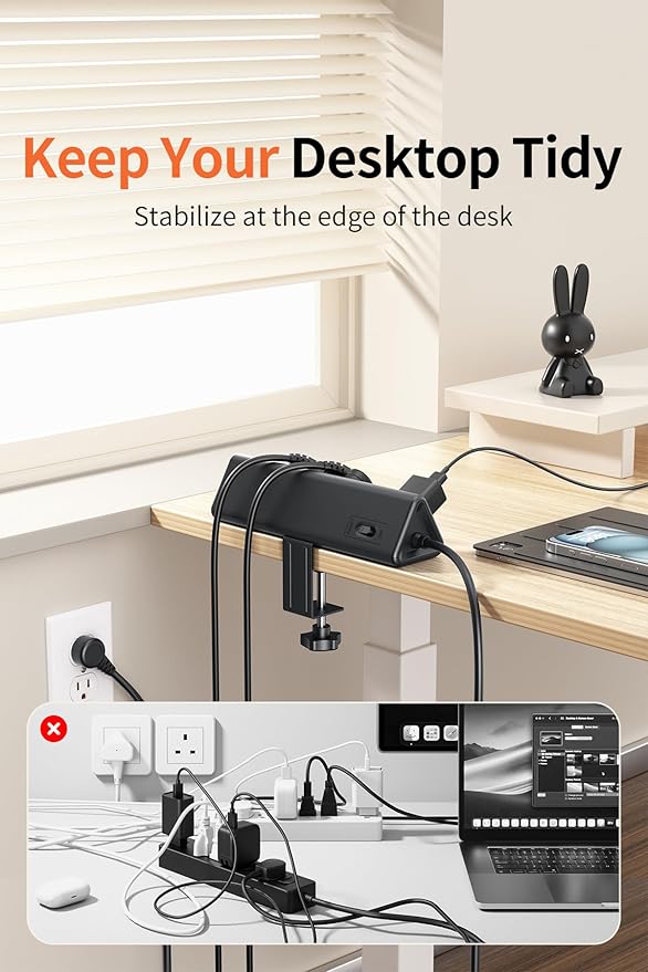 10 FT Desk Clamp Power Strip with 5 AC Outlets & 6 USB Ports PD 40W USB-C Fast Charging, 1250J Surge Protector, Fits 2.6 in top Edge Black
