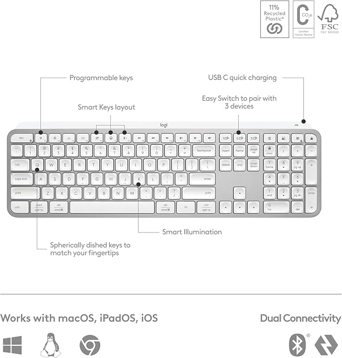 Logitech MX Master 3S Keys S Combo - Performance Wireless Keyboard and Mouse with Palm Rest, Customizable Illumination, Fast Scrolling, Bluetooth, USB C, for Windows, Linux, Chrome, Mac - Pale Grey