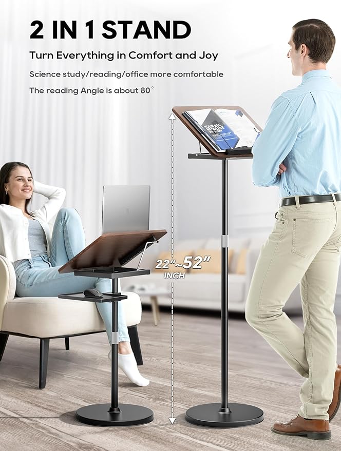2 in 1 Adjustable Book Stand - Dual-Use Floor and Desktop Book Holder Stand, Height Adjustable 23.5-52 in, Elastic Page Clips for Music Sheet, Recipe, Tablet, Laptop-Black