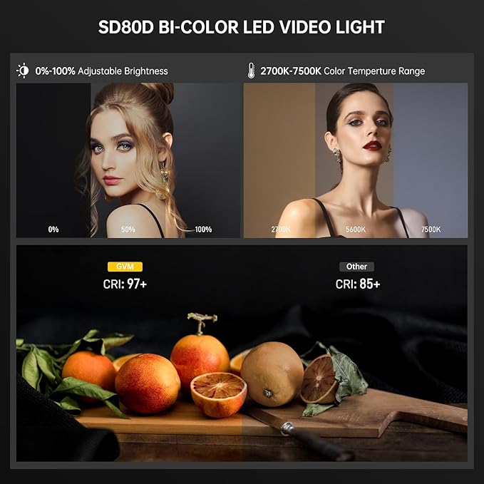 GVM 80W LED Video Light with Lantern Softbox and Tripod Stand Kit, Bi-Color 2700K-7500K 12 Scenes CRI97+ Bowens Mount Studio Light, APP Control COB Continuous Output Lighting for Video Recording