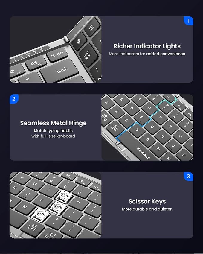 Foldable Keyboard and Mouse, Samsers Folding Bluetooth Keyboard Combo, 2.4G + BT5.0 x 2, Full-Size Portable Travel Keyboard & USB-C Rechargeable Wireless Mouse for Windows Android iOS Mac OS