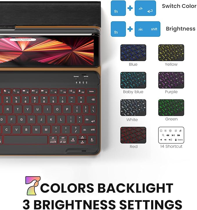 Leather Keyboard Case for iPad Air 5th 4th Generation 10.9 inch Pro 11 1st/2nd/3rd/4th, 7 Color Backlight BT Keyboard Folio with Pencil Holder 2022 2021 2020 2018 (Black