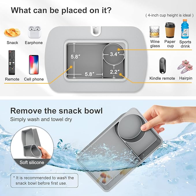 Tablet Stand Pillow with Snack Bowl, iPad Lap Holder for Hands-Free Reading and Relaxation on Bed,Couch,Recliner, 360° Rotating Clip for 4.7-13" Kindle,eBook,Tablet,iPhone (Light Gray)
