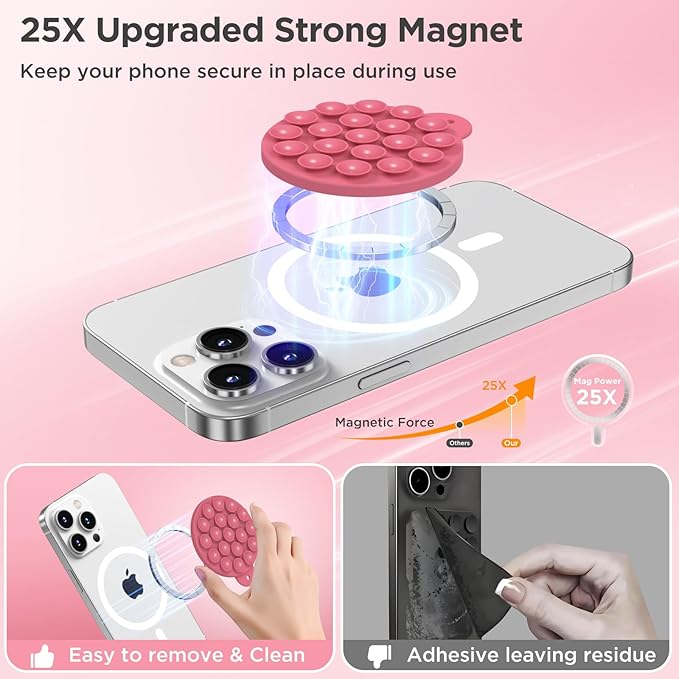 Magnetic Suction Cup Phone Mount for MagSafe Case, Silicone Hands-Free Grip Holder for iPhone and Android, Mirror Shower Phone Stand for Makeup FaceTime Gym Kitchen Bathroom, Camellia Red