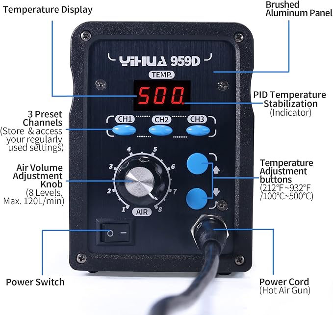 YIHUA 959D-Digital Hot Air Rework Station, High Power with 3 Memories, Airflow Efficiency, °F /°C Display, Accurate Temp.(212°F~932°F), Brushed Aluminum Panel & Safety Features