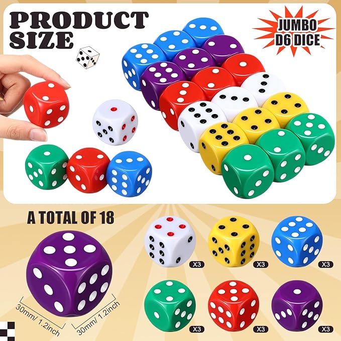 18 Pcs Casino Theme Party Dice Large Opaque Jumbo Acrylic D6 Dice for Casino, Craps, Table Games and Board Games (30 mm,Classic Color)