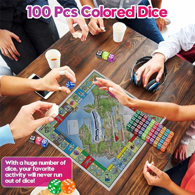 100 Pieces Colored Dice Set, Standard Bulk Colors Dices, Classroom Dice, Translucent 6 Sided Games Dice for Board Games, Parties, Classroom Math Games