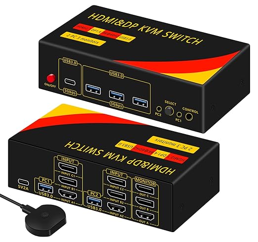 2*DP+1*HDMI KVM Switches 3 Monitors KVM Switch 2 Monitors 2 Computers Display Port，8K@60HZ,USB3.0,kvm displayport 2 Computers 3 Monitors Dual Monitors Support Extended and Copy Mode,Share USB Devices