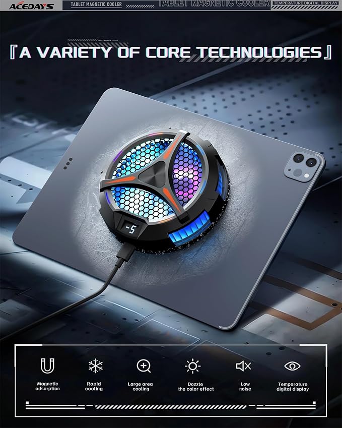 iPad Cooler,Magnetic Tablet Cooler for ipad/Surface pro/Samsung Tab,Compatible for Steam Deck,Universal Radiator with Temperature Display for Mobile Gaming,Tiktok Live Streaming