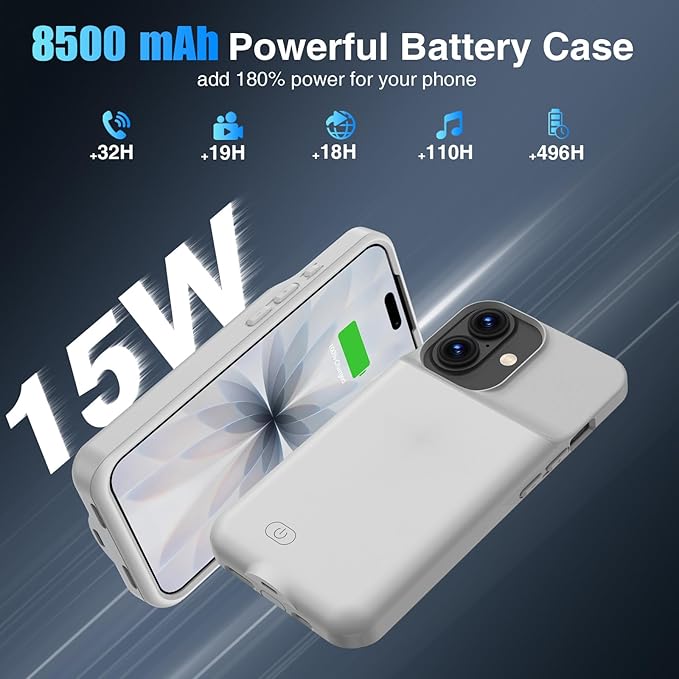 GIN FOXI Battery Case for iPhone 17, Charging Case Charger 8500mAh Ultra-Slim Lightweight Powerful Battery Pack 15W Fast Rechargeable Anti-Fall TPU Juice Box for iPhone 17 (6.3") Grey