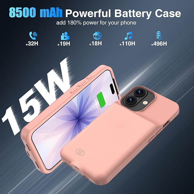 GIN FOXI Battery Case for iPhone 17, Charging Case Charger 8500mAh Ultra-Slim Lightweight Powerful Battery Pack 15W Fast Rechargeable Anti-Fall TPU Juice Box for iPhone 17 (6.3") Pink