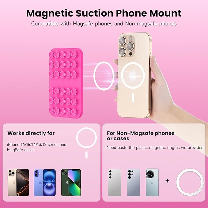 Patented Magnetic Sticky Phone Suction Grip Mount for MagSafe Case,Magnet Silicone Portable Stand Holder for iPhone 16/15/14/13/12 Series and Android, Hands-Free Selfies and Videos,Hot Pink