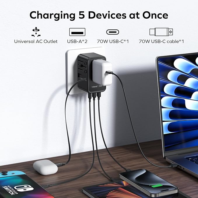 MOMAX Universal Travel Adapter, International Power Plug Adapter with 1 USB C (PD 70W), 2 USB A Ports, 1USB-C Cable (PD 70W), All-in-One Worldwide Wall Charger for USA European UK AUS (Type C/G/A/I)