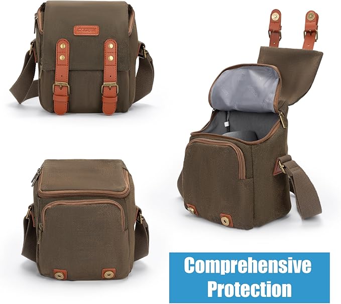 CADeN Compact Camera Bag Case Canvas Leather Trim Compatible for Nikon, Canon, Sony Mirrorless Camera and Lenses Waterproof, Camera Shoulder Messenger Bag (Small 1.0 Brown)