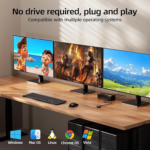 KVM Switch 3 Monitors 3 Computers 8K@60Hz/4K@120Hz, HDMI DP KVM Switches for 3 PC Sharing Triple Monitor and Keyboard Mouse with Power Adapter, Wired Extend Controller and USB3.0 Cables