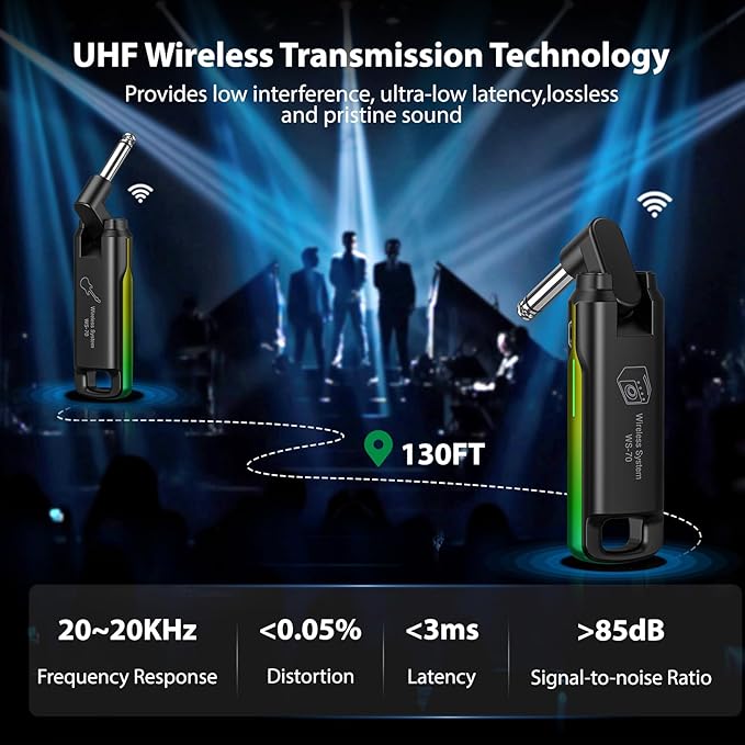 LEKATO Wireless Guitar System UHF Wireless Guitar Transmitter Receiver Rechargeable Audio Wireless Guitar Transmitter and Receiver with 70 Channels Wireless for Guitar Bass Electric Instruments-Green