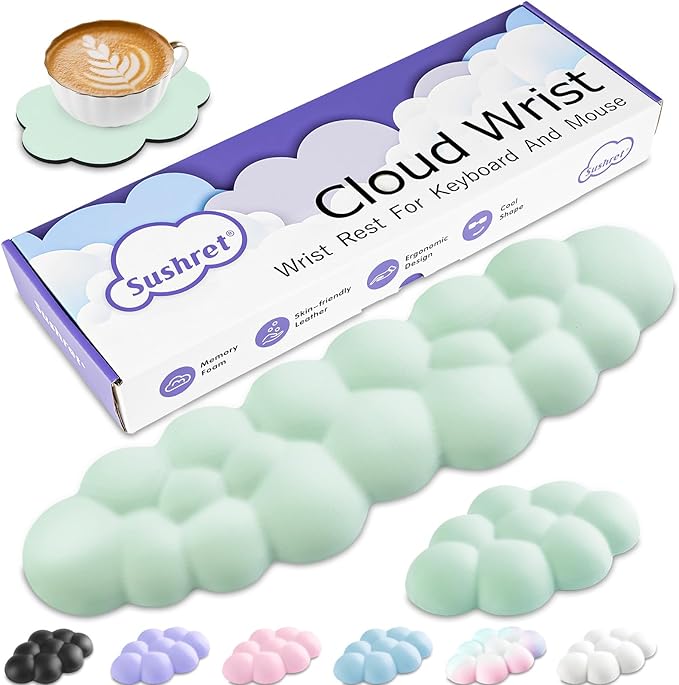Cloud Wrist Rest Keyboard, Cloud Keyboard Wrist Pad Set with PU Leather Memory Foam, Cute Arm Rest for Palm Support, PC/Gaming Desk Accessories/Office Setup/Computer Hand Cushion - Light Green