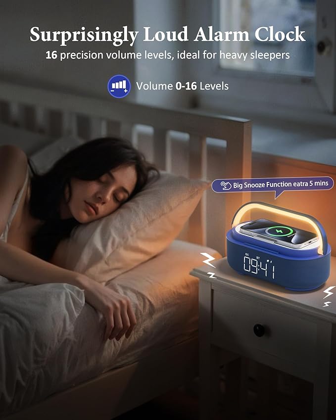 COLSUR 6-in-1 Bluetooth Speaker Alarm Clock with 15W Wireless Charger, FM Radio, Adjustable LED Night Light, 2500mAh Battery, Snooze Function – for Bedroom, Home, Office