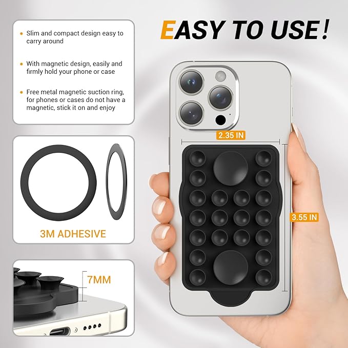 for Magnetic Silicone Suction Phone&Case Adhesive Mount - iPhone & Android,Hands-Free, Strong Grip Holder for Selfies & Tiktok Videos-2.35″x3.55″,Black