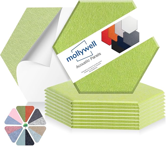 Mollywell Hexagon Acoustic Panels, High Density, Soundproofing, Decorative Noise Reduction Felt Wall Tiles for Ceilings, Home Office & Gaming Room (Fruit Green), 14x12x0.4 Inch