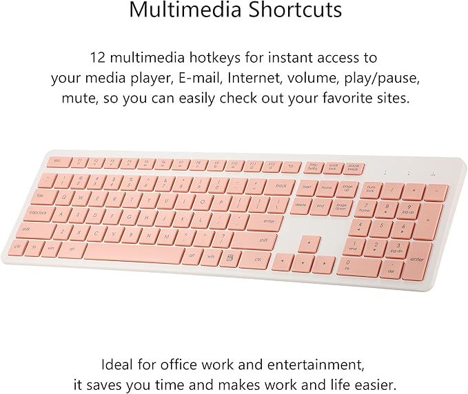 Wireless Keyboard and Mouse Combo, 2.4G Silent Cordless Keyboard Mouse Combo for Windows Chrome Laptop Computer PC Desktop, 106 Keys Full Size with Number Pad, 1600 DPI Optical Mouse (Pink)