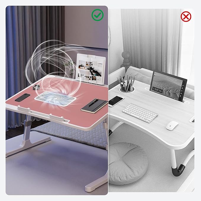 Laptop Lap Desk Include Cooling Fan,Adjustable Lap Desk with Light Fan,Folding Laptop Desk for Bed with USB,Bed Desk with Storage Drawer 56x32cm,Pink