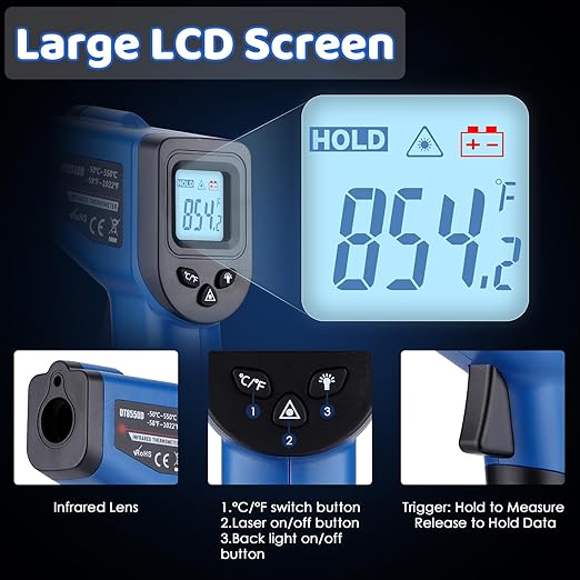 Infrared Thermometer Gun for Cooking, -58℉~1022℉, Digital Laser Temperature Gun for Deep Frying, Pizza, Blackstone, Reptiles, IR Thermometer with Carrying Storage Case, Larger Font, LCD Backlit, Blue