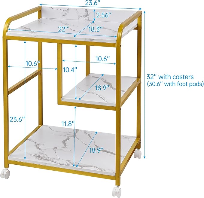 Large Printer Table Stand with Shelf for Computer Tower, CPU and Shredder, 22 x 18 Inch Rolling Printer Cart with Wheels for Home Office Storage and Organization - White Gold