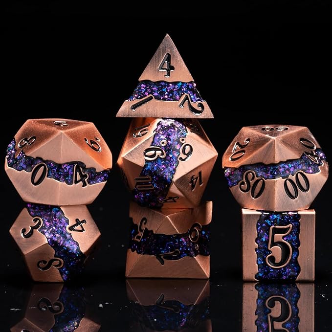 Polyhedral Metal Dice DND,RPG Purple Glitter Stripe Dice Set,Antique Copper Metal Dice Set for Role Playing Games